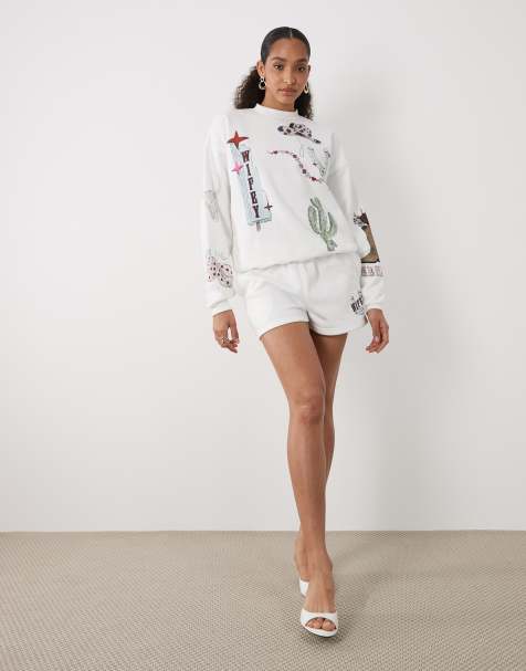 Six Stories rodeo western bridal jumper and short sleeve t-shirt with shorts co-ord in white - view 1