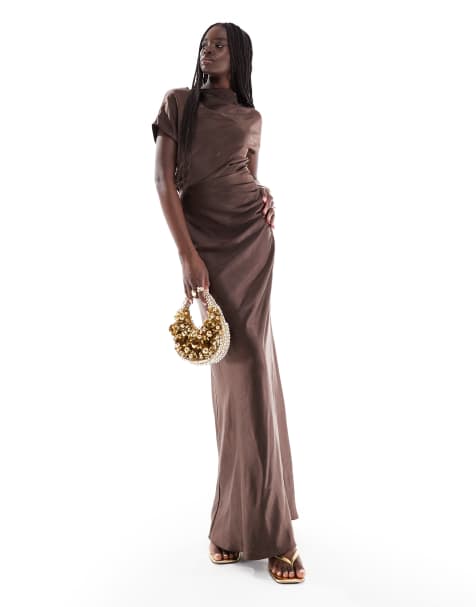 Six Stories ruched drape satin maxi bridesmaid dress in chocolate brown - view 1