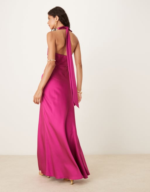 Six Stories - Satijnen maxi jurk met gedraaide voorkant in fuchsia, 2 van 4