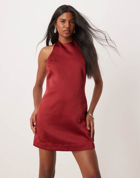 Six Stories satin mini shift dress in ruby red - view 1