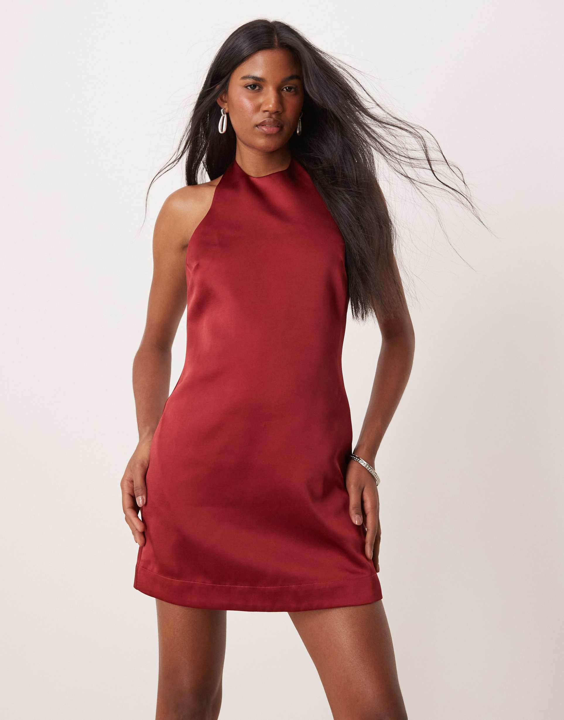 six stories satin mini shift dress in ruby red