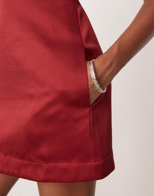 Six Stories Satin Mini Shift Dress in Ruby Red Silver