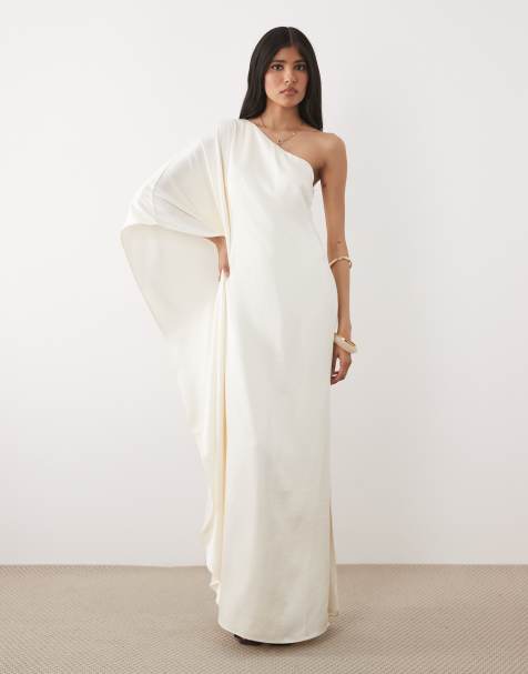 Six Stories satin one shoulder draped bias maxi dress in white 