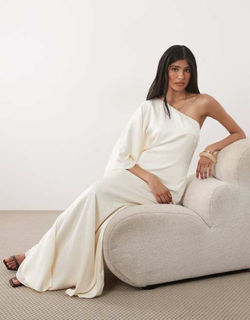 Six Stories satin one-shoulder draped bias maxi dress in white , 3 of 4