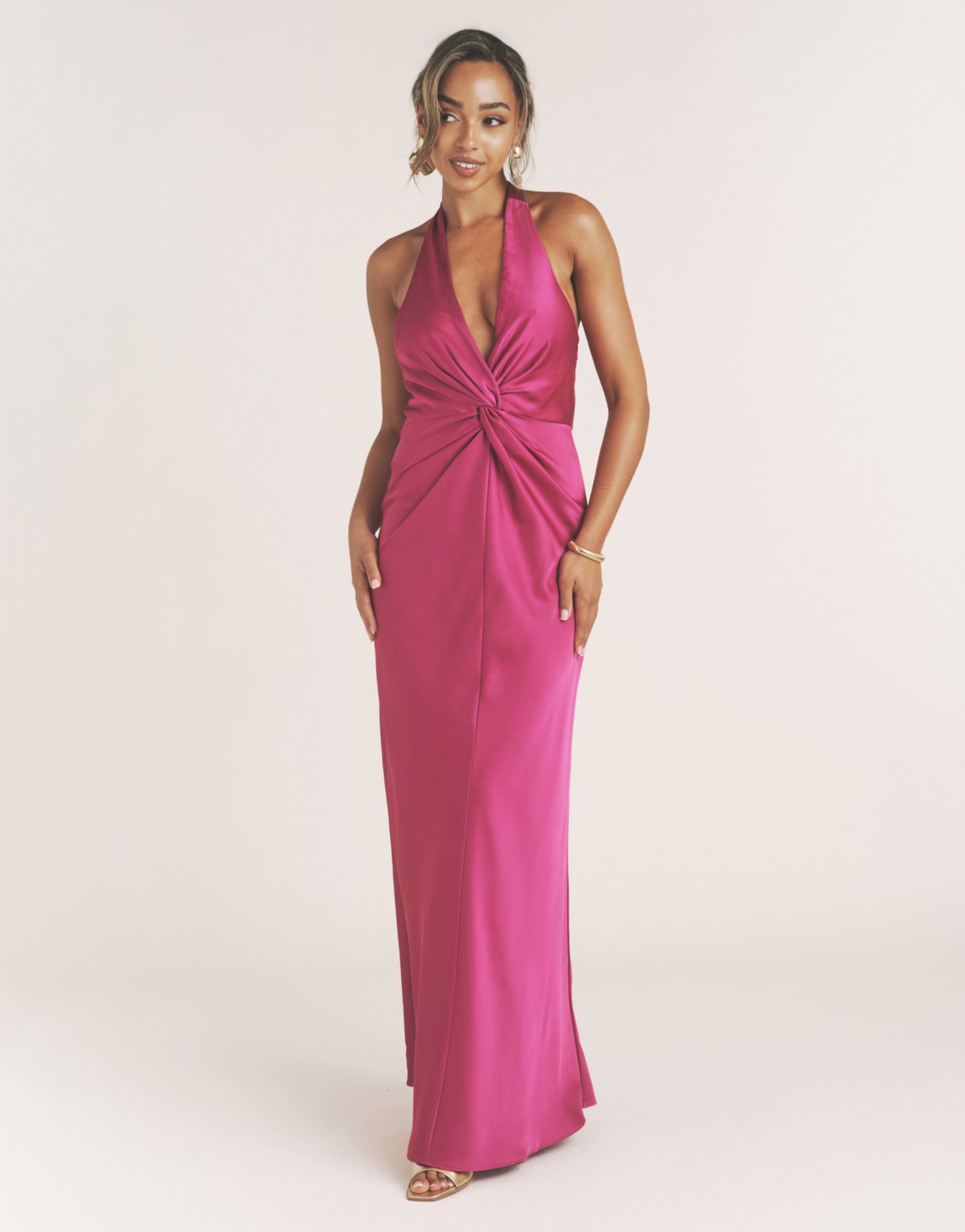 six stories satin plunge knot detail bias maxi dress in raspberry