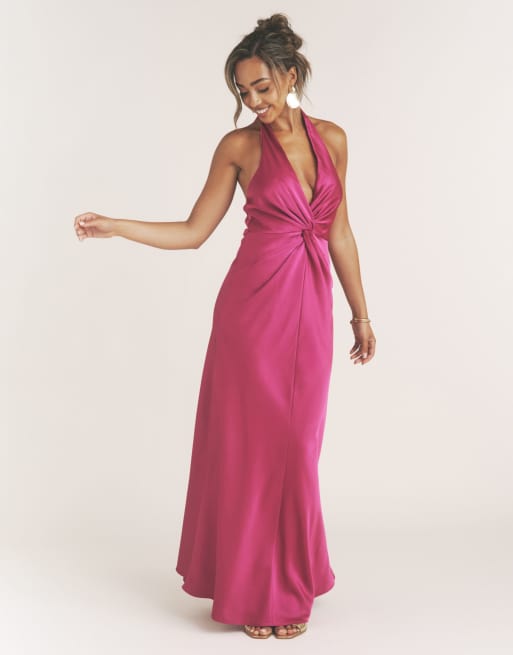 Six Stories satin plunge knot detail bias maxi dress in raspberry, 3 of 4
