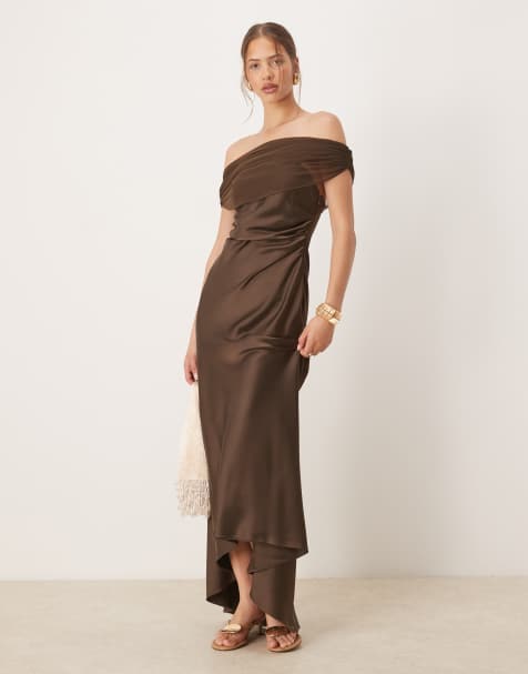 Six Stories off shoulder mesh satin midaxi dress in chocolate