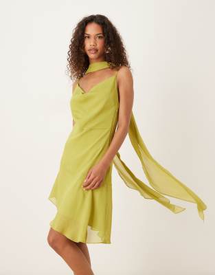 scarf neck asymmetric ruffle mini dress in olive-Green