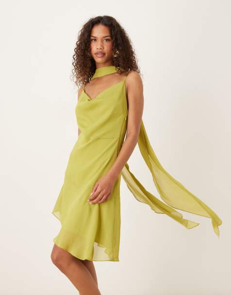 Six Stories scarf neck asymmetric ruffle mini dress in olive - view 1