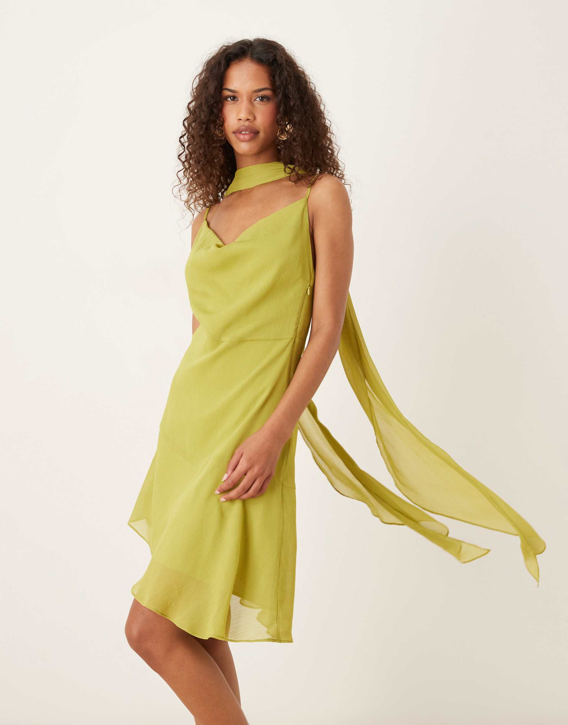 six stories scarf neck asymmetric ruffle mini dress in olive