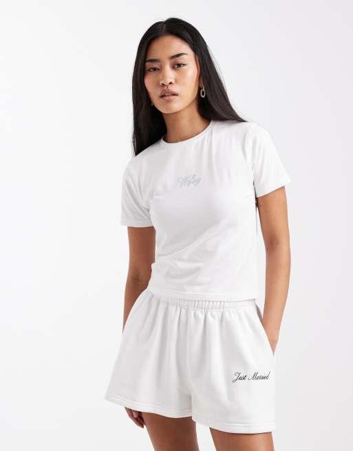 Six Stories Script blue 'Wifey' baby tee in white, 3 of 4