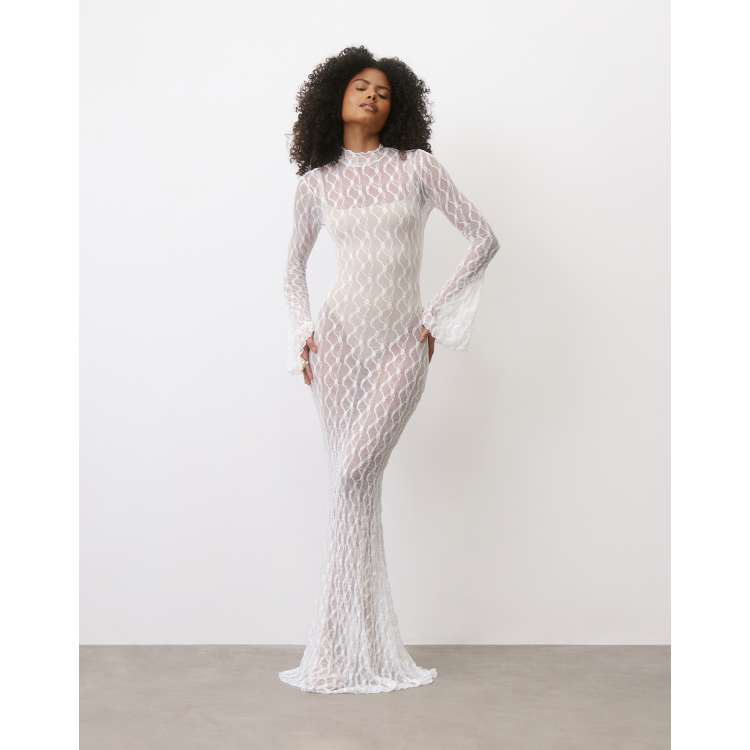 Six Stories sheer stretch lace flare sleeve maxi dress in white | ASOS