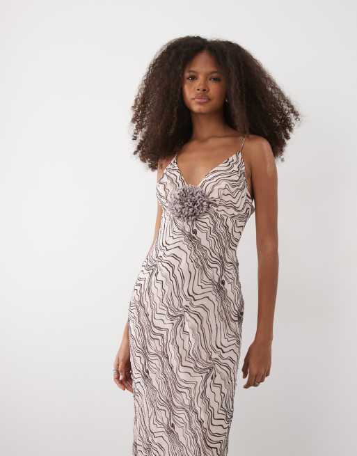 Six Stories strappy corsage beaded abstract maxi dress in pale pink, 2 of 4