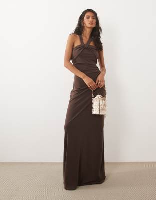 Six Stories Stretch Halter Detail Maxi Dress In Brown