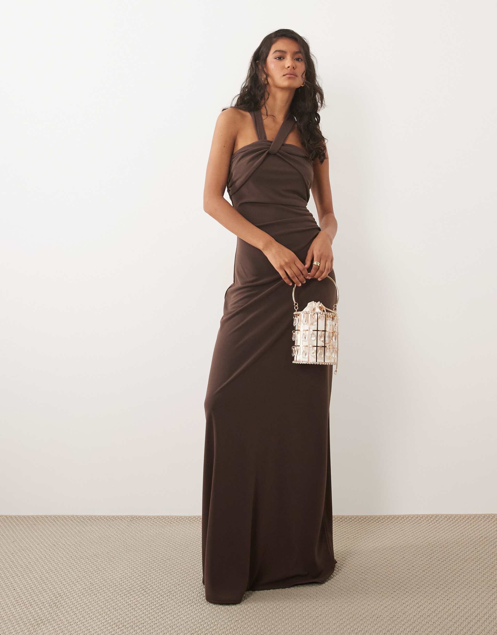 six stories stretch halter detail maxi dress in chocolate