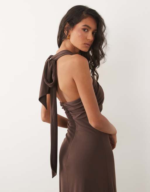 Six Stories – Stretch-Maxikleid in Schokobraun mit Neckholder-Detail, 4 von 4