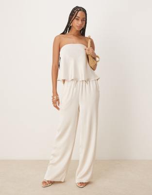 Six Stories Six Stories tie waist wide leg satin trouser co-ord in oyster-White