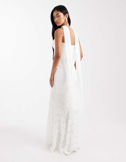 Six Stories – Trägerloses Maxi-Brautkleid aus Spitze in Weiß mit Schalkragen, 2 von 4