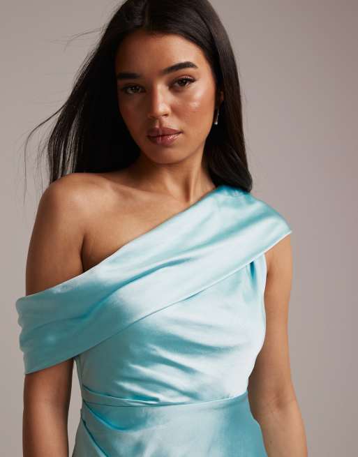 Six Stories – Turkos, enaxlad maxiklänning i satin med drapering, 2 av 5