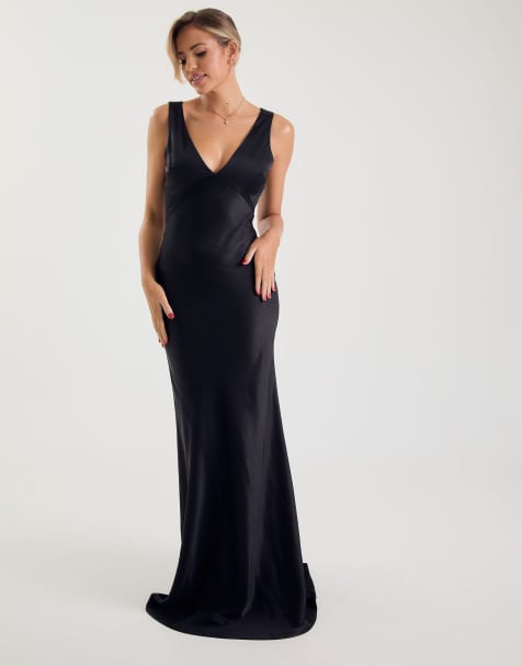 Six Stories Twist back satin bridesmaid dress in black - view 1