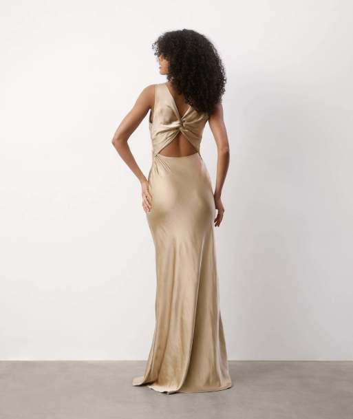 Six Stories Twist back satin bridesmaid dress in champagne, 2 of 7