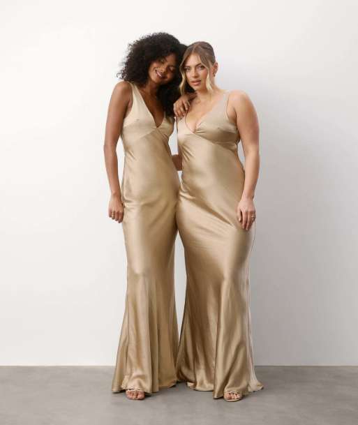 Six Stories Twist back satin bridesmaid dress in champagne, 4 of 7