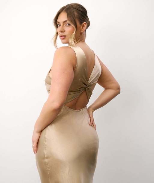 Six Stories Twist back satin bridesmaid dress in champagne, 5 of 7