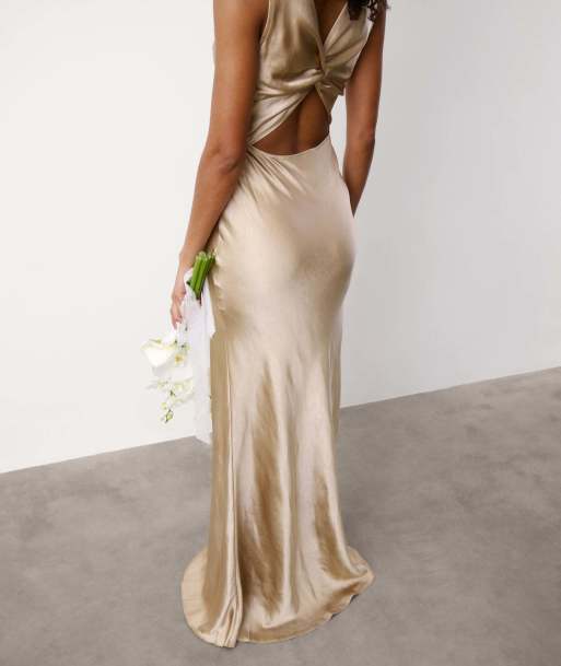 Six Stories Twist back satin bridesmaid dress in champagne, 7 of 7