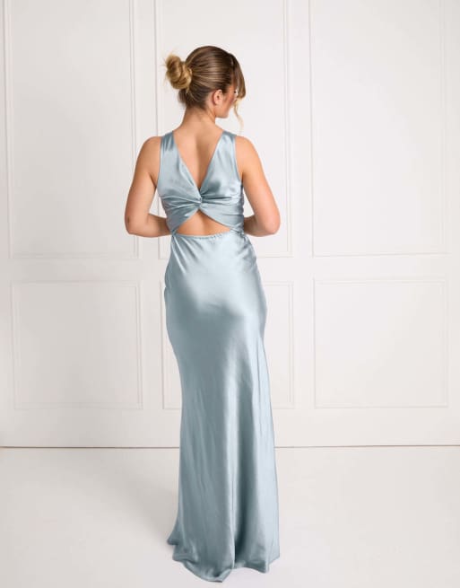Six Stories Twist back satin bridesmaid dress in dusty blue, 2 of 4