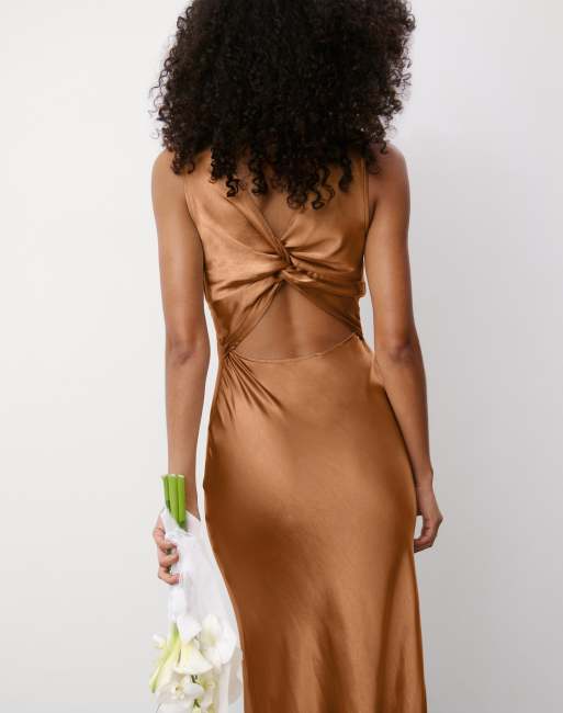 rust gold bridesmaid dress Six Stories Twist back satin in boho rust bridesmaid dress
