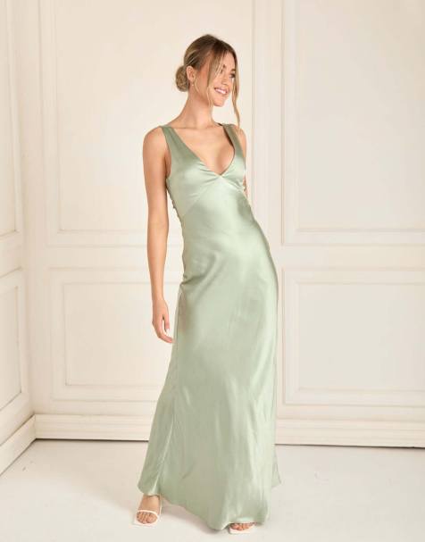 Six Stories Twist back satin bridesmaid dress in sage - view 1