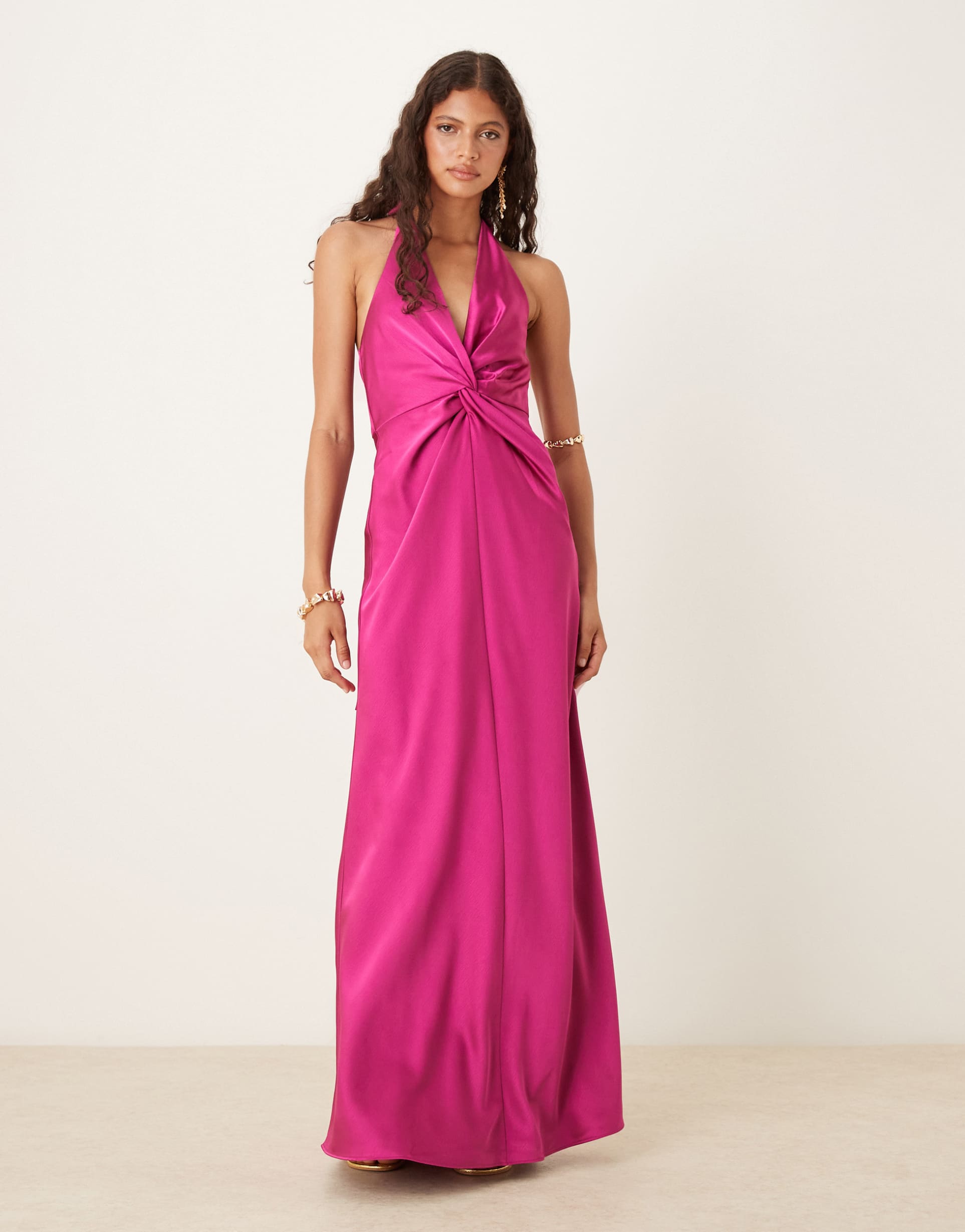six stories twist front satin maxi dress in fuchsia