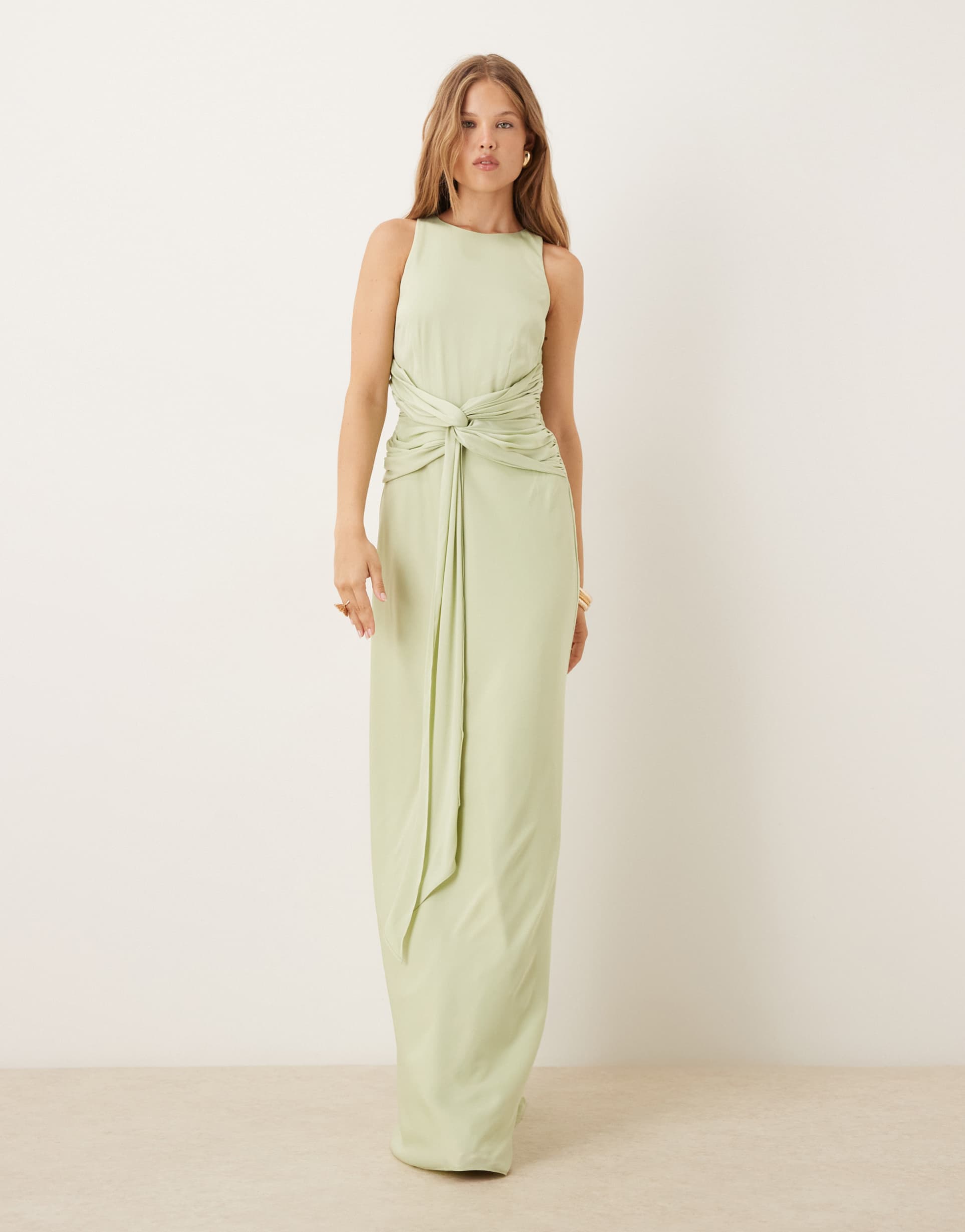 six stories twist front satin maxi dress in sage olive