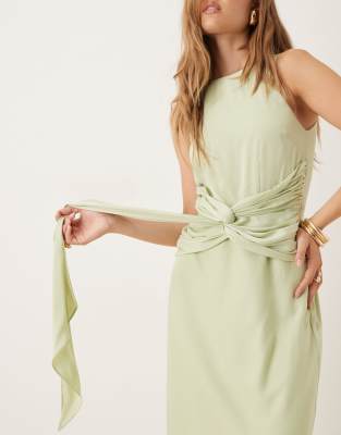 Six Stories Twist Front Satin Maxi Dress In Green