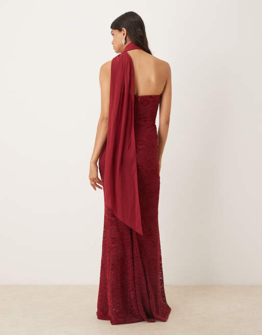 Six Stories velvet lace corset bandeau maxi dress with neck scarf in  burgundy | ASOS