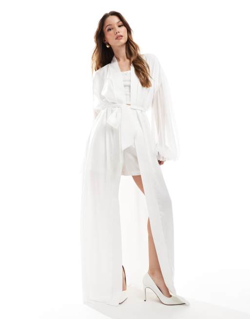 Six Stories - Vestaglia da sposa lunga in raso avorio con maniche in chiffon