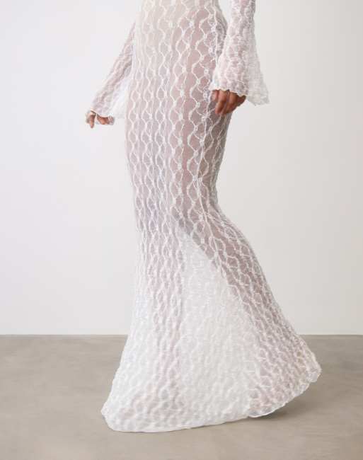 Six Stories - Vestido largo blanco con mangas acampanadas de encaje elástico transparente, 4 de 4