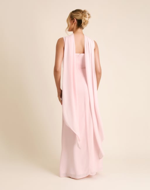 Six Stories - Vestito lungo da cerimonia in crêpe rosa tenue con scollo squadrato e sciarpa al collo, 2 di 4