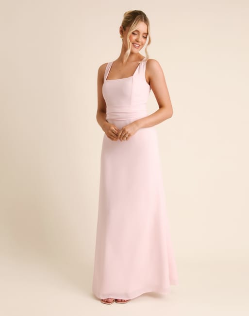 Six Stories - Vestito lungo da cerimonia in crêpe rosa tenue con scollo squadrato e sciarpa al collo, 3 di 4