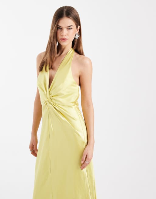 Six Stories - Vestito lungo da cerimonia in raso giallo allacciato al collo con scollo profondo e dettaglio attorcigliato, 3 di 4