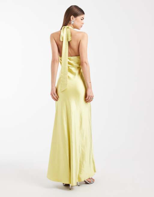 Six Stories - Vestito lungo da cerimonia in raso giallo allacciato al collo con scollo profondo e dettaglio attorcigliato, 4 di 4