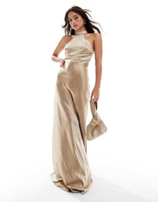 Six Stories - Vestito lungo da damigella allacciato al collo in raso color champagne
