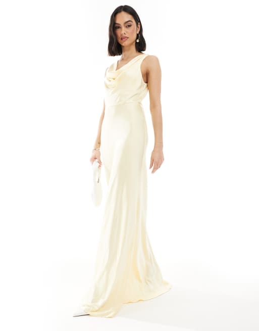 Six Stories - Vestito lungo da damigella d'onore in raso color limone con scollo ad anello