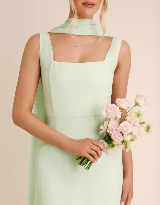 Six Stories - Vestito lungo da damigella in crêpe rosa tenue con scollo squadrato e sciarpa al collo, 3 di 4