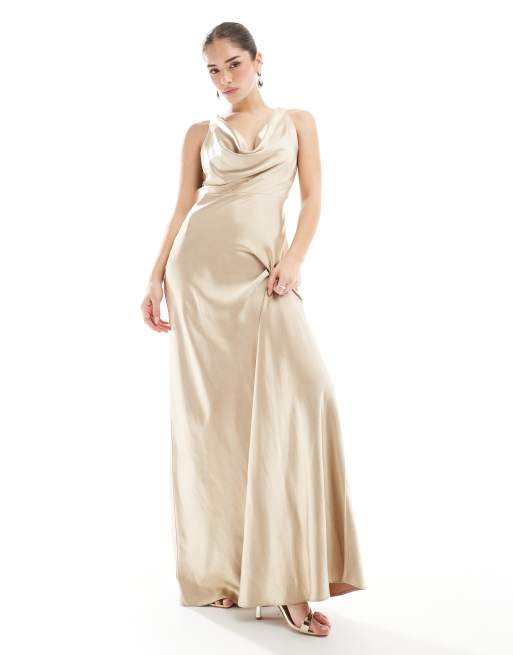 Six Stories - Vestito lungo da damigella in raso color oro con scollo ad anello sul davanti