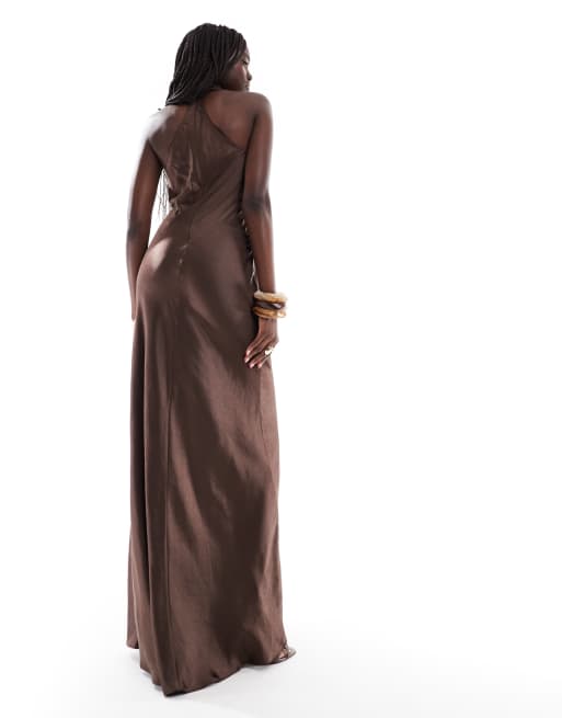 Six Stories - Vestito lungo da damigella in raso marrone cioccolato allacciato al collo, 4 di 4
