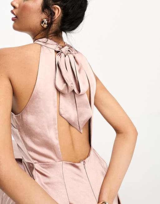 Six Stories - Vestito lungo da damigella in raso rosa allacciato al collo, 3 di 4