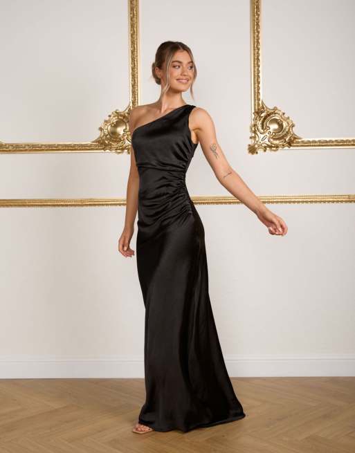 Six Stories - Vestito lungo da damigella monospalla in raso nero con taglio sbieco, 2 di 4