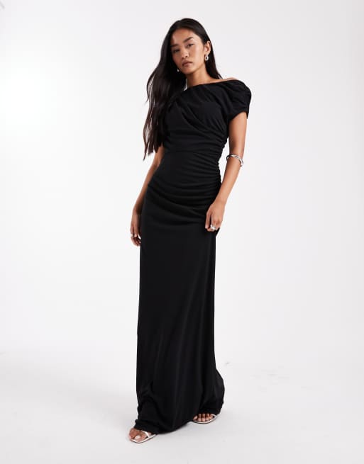 Six Stories - Vestito lungo da damigella nero elasticizzato con dettaglio asimmetrico sulle spalle e arricciatura