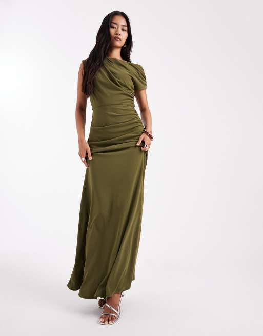 Six Stories - Vestito lungo da damigella verde elasticizzato con dettaglio asimmetrico sulle spalle e arricciatura